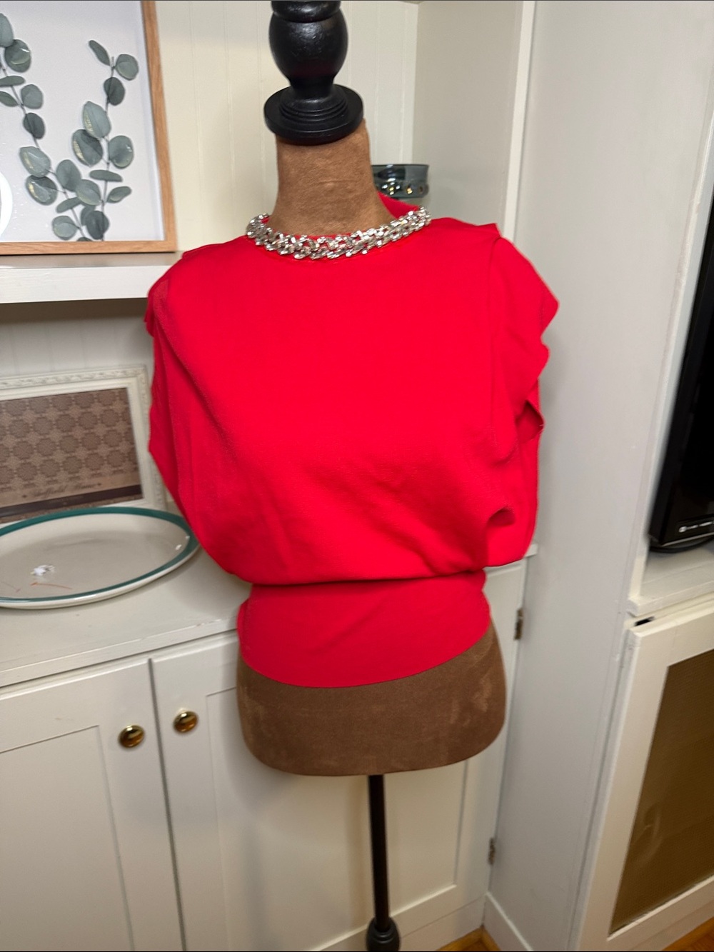 Zara Red Jewel-Trim Short Sleeve Sweater